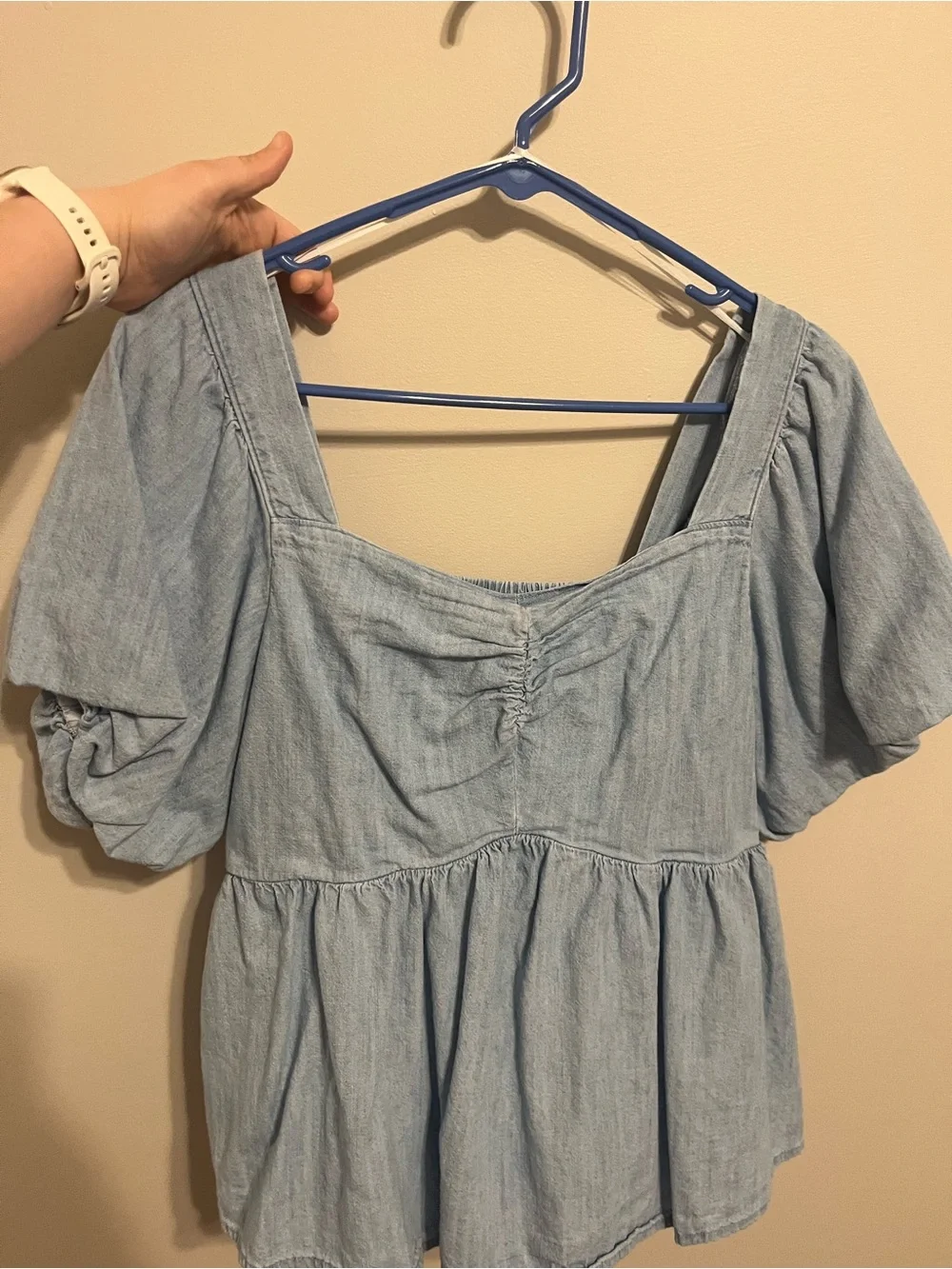 Old Navy Light Blue Peplum Puff-Sleeve Top